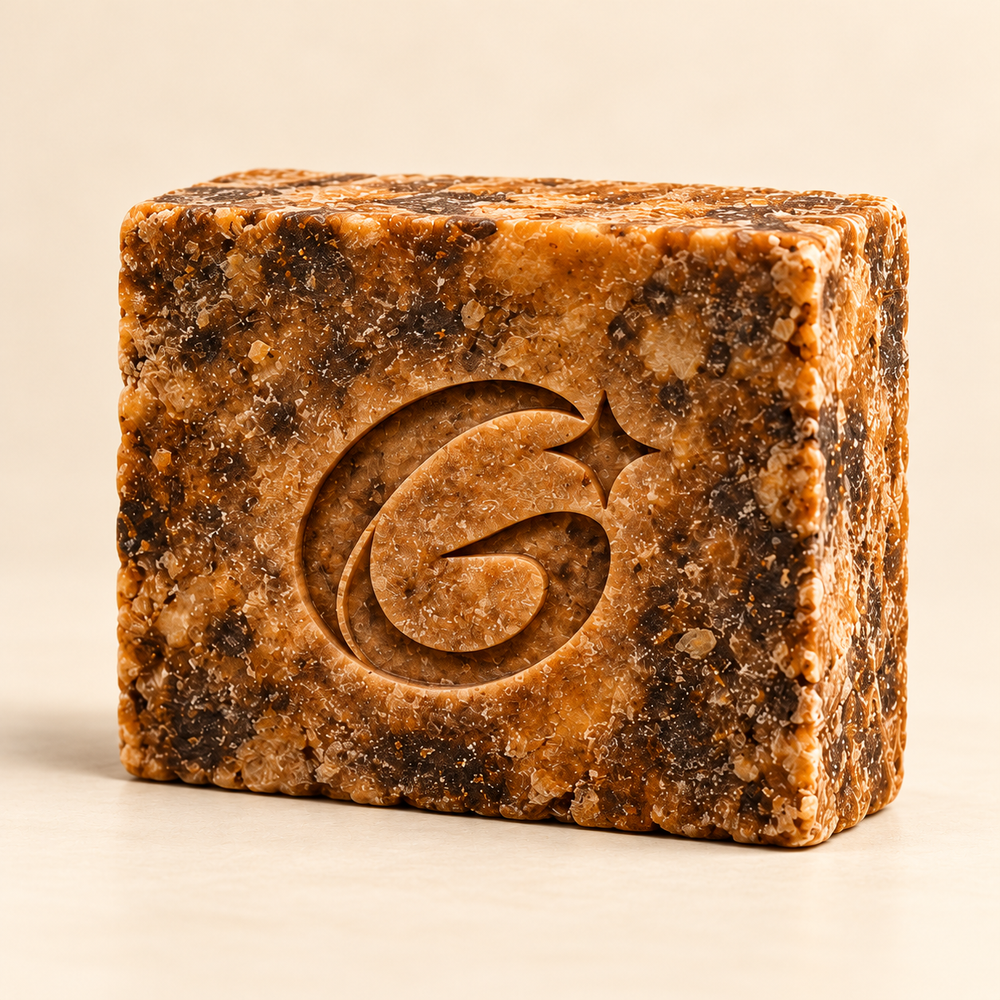Rustic African Black Soap engraved with the Glowmela G
